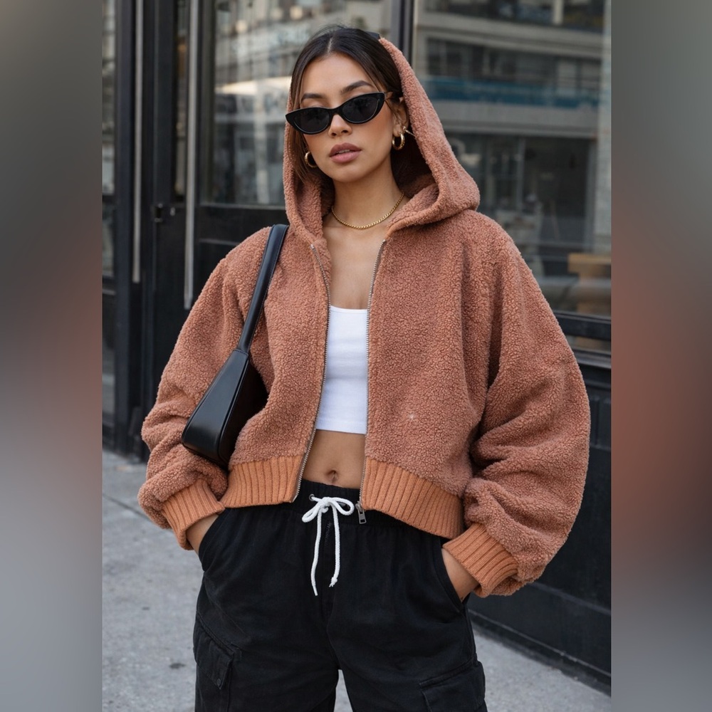 Dee Elly Cozy Tan Hooded Zip Teddy Bear Sweater Women’s Small